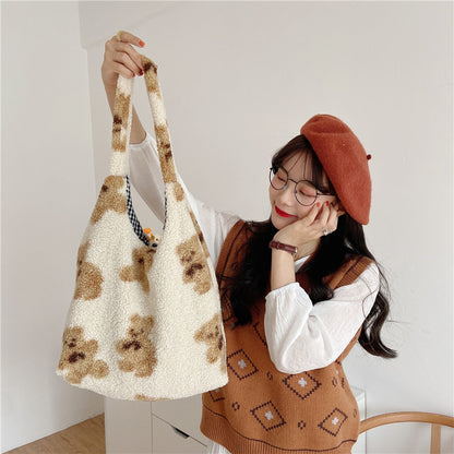 Large Capacity Student Shoulder Bag - Soft Lamb Wool Tote