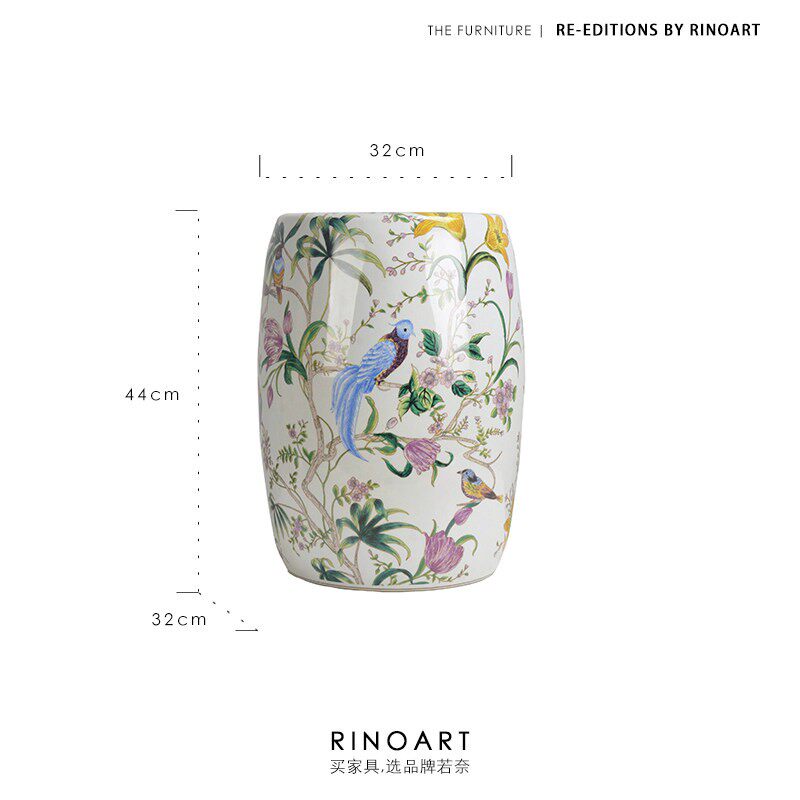 Floral Bird Crackle Glaze Ceramic Drum Stool | Oriental Chinoiserie Side Table