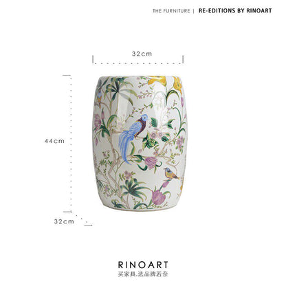 Floral Bird Crackle Glaze Ceramic Drum Stool | Oriental Chinoiserie Side Table
