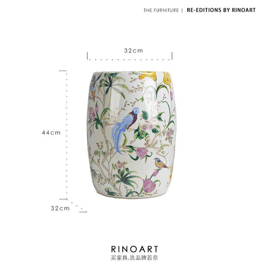 Floral Bird Crackle Glaze Ceramic Drum Stool | Oriental Chinoiserie Side Table
