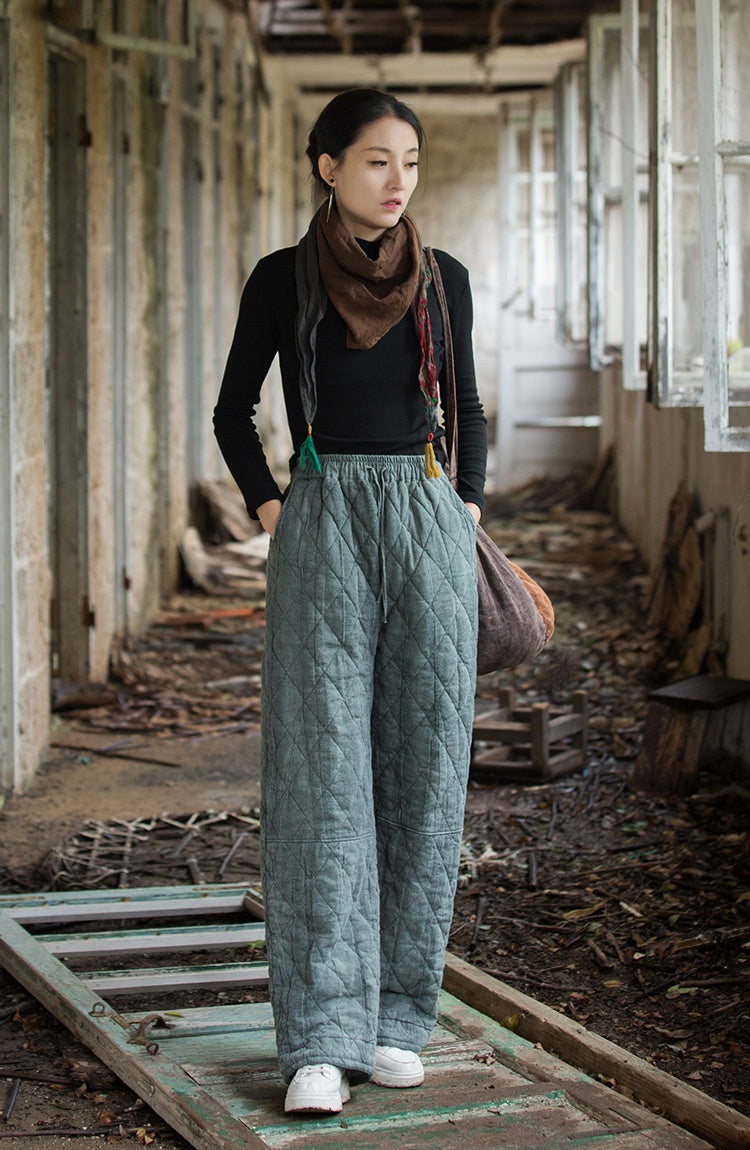 Ramie Tie-Dye Quilted Pants - Straight Leg Distressed Style