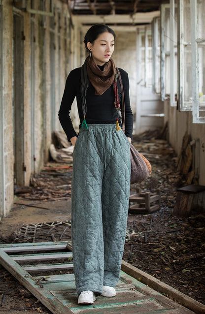 Ramie Tie-Dye Quilted Pants - Straight Leg Distressed Style