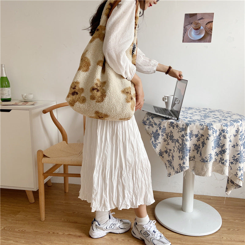 Large Capacity Student Shoulder Bag - Soft Lamb Wool Tote