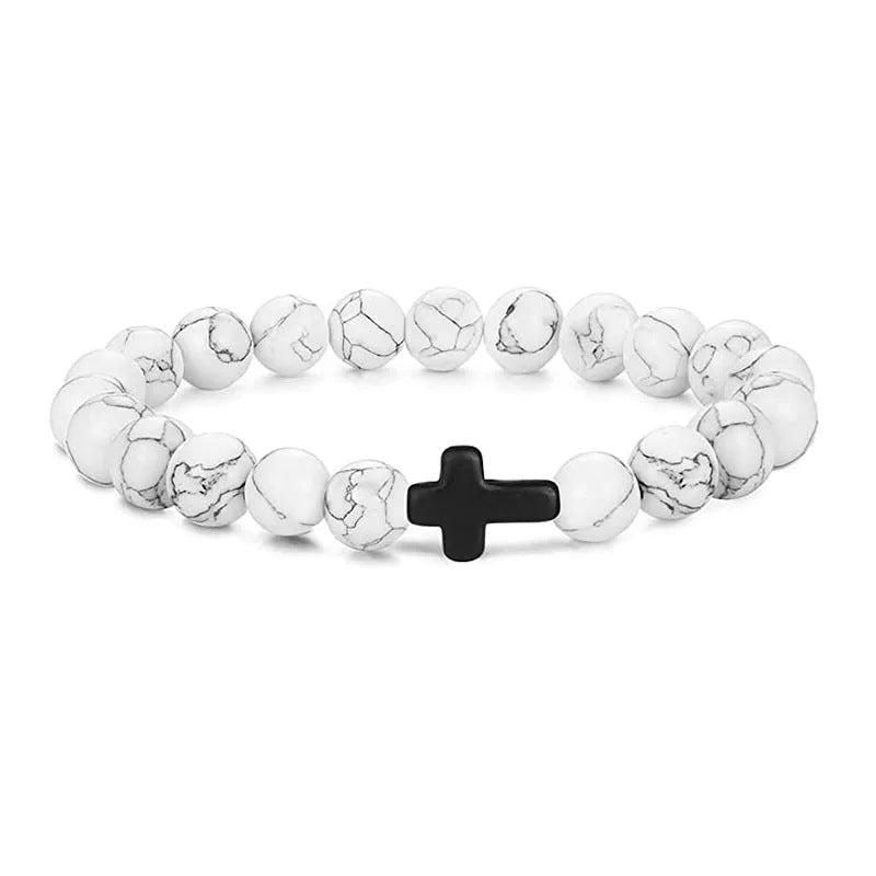 Men's Natural Stone Bead Bracelet - Tiger Eye, Obsidian & Wood Cross Charm
