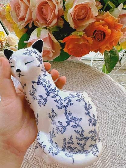 Blue and White Porcelain Cat Vase - Hand-Painted Ceramic Pen Holder