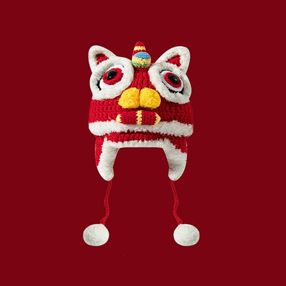 Dragon Year Hat Red Chinese Knitted Tiger Head Hat Baby Chinese New Year Celebration Joyous Xingshi Sleeve Cap