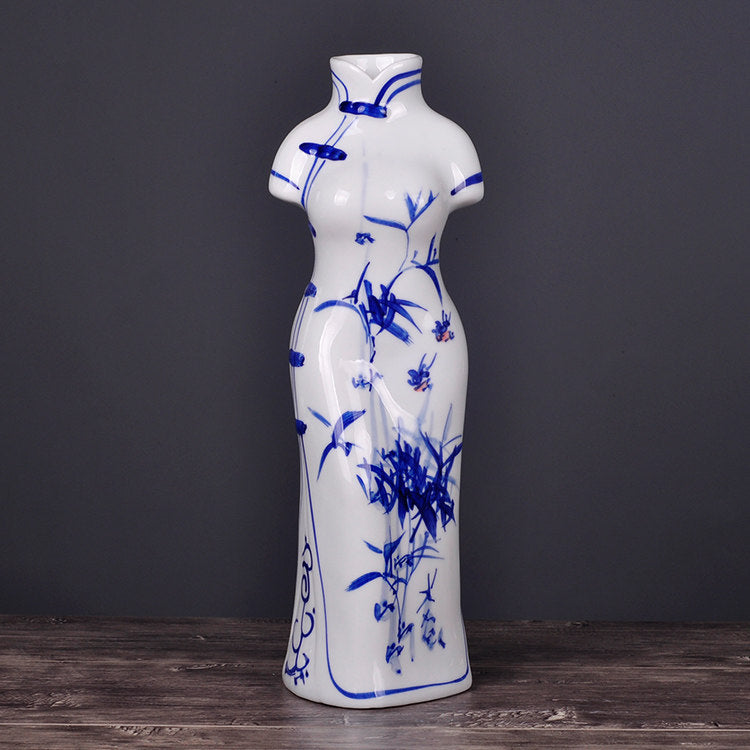 Hand-Painted Blue and White Porcelain Vase | Jingdezhen Qipao Lady Design
