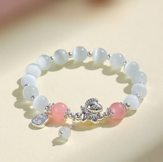 Year of the Horse Bracelet - Cat's Eye Rose Quartz Fu Charm with Gift Card