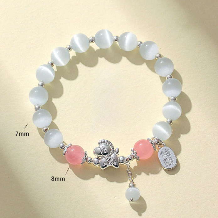 Year of the Horse Bracelet - Cat's Eye Rose Quartz Fu Charm with Gift Card