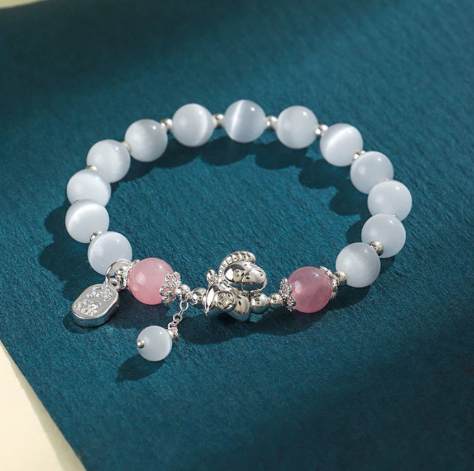 Year of the Horse Bracelet - Cat's Eye Rose Quartz Fu Charm with Gift Card