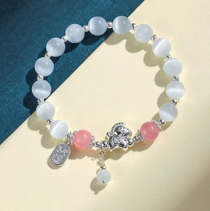 Year of the Horse Bracelet - Cat's Eye Rose Quartz Fu Charm with Gift Card
