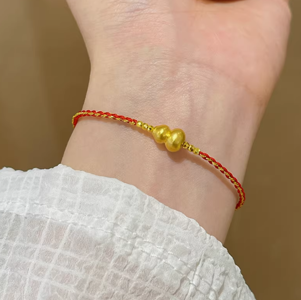 24K Gold Gourd Charm Bead Bracelet - Lucky Hulu Symbol Jewelry