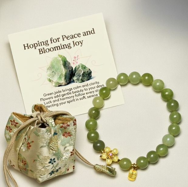 Louts Way "Hoping for Peace and Blooming Joy" Green Jade Bracelet Includes Gift Message Card