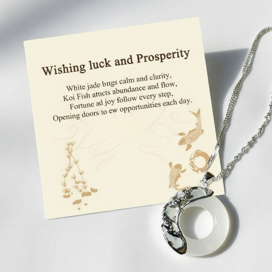 Louts Way "Wishing Luck and Prosperity" White Jade Koi Fish Necklace Includes Gift Message Card