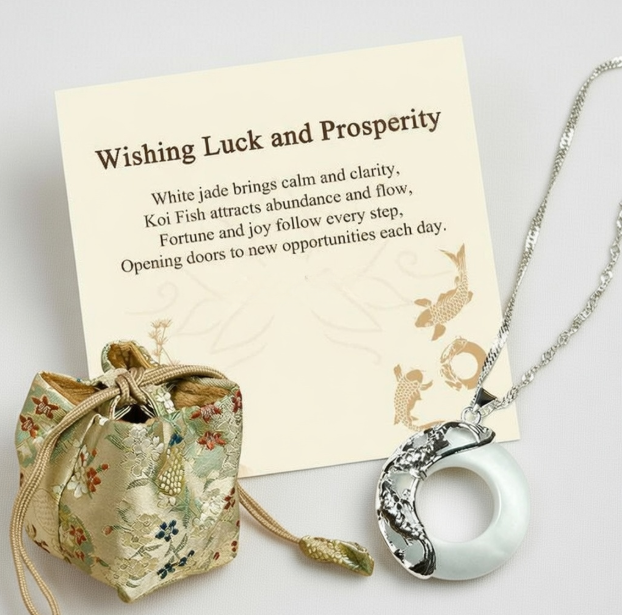 Louts Way "Wishing Luck and Prosperity" White Jade Koi Fish Necklace Includes Gift Message Card