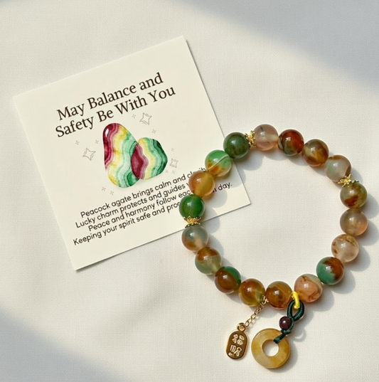 Peacock Agate Balance Bracelet - Peace Buckle Protection Jewelry with Gift Card