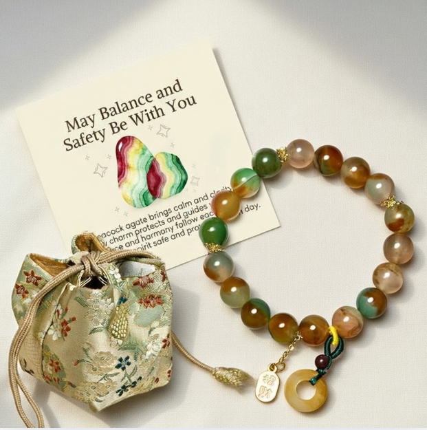 Peacock Agate Balance Bracelet - Peace Buckle Protection Jewelry with Gift Card