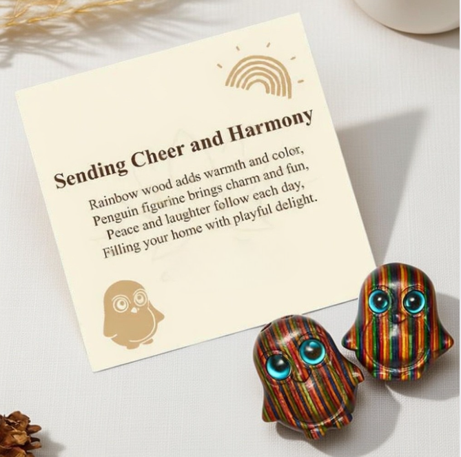 Rainbow Eucalyptus Penguin Figurines - 2Pcs Carved Decor with Gift Card