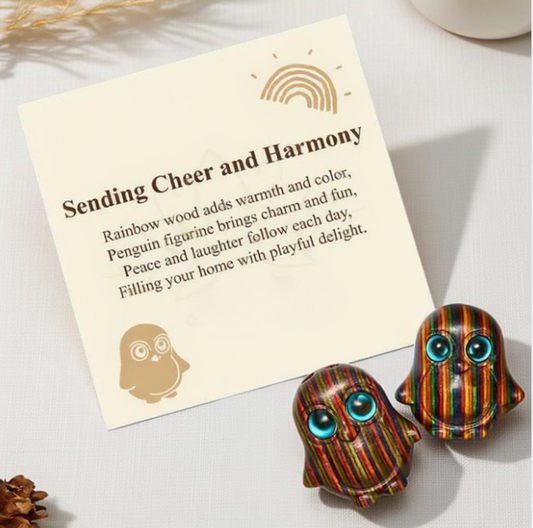 Rainbow Eucalyptus Penguin Figurines - 2Pcs Carved Decor with Gift Card
