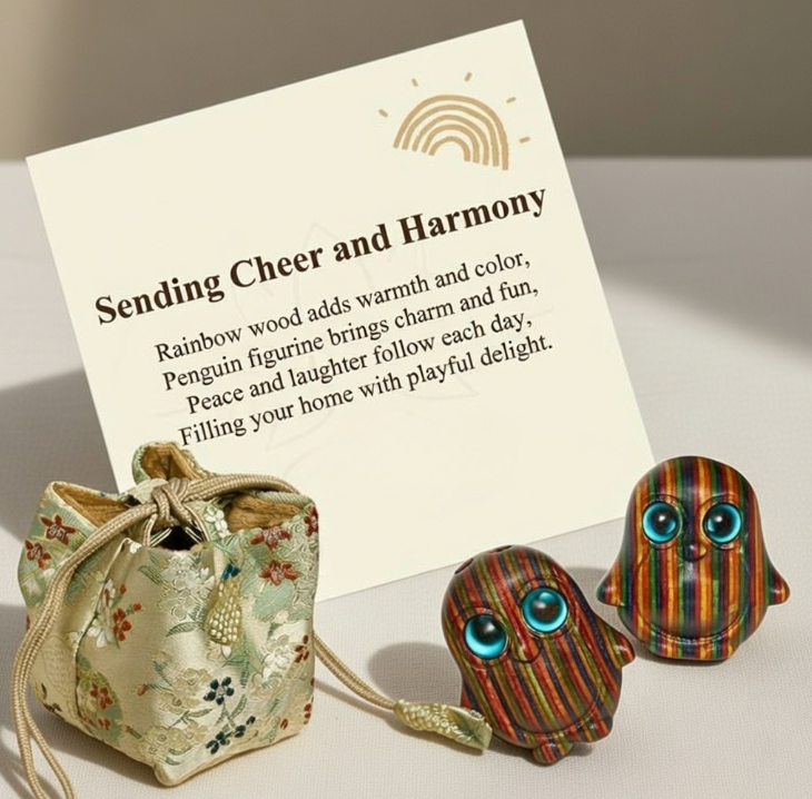 Rainbow Eucalyptus Penguin Figurines - 2Pcs Carved Decor with Gift Card