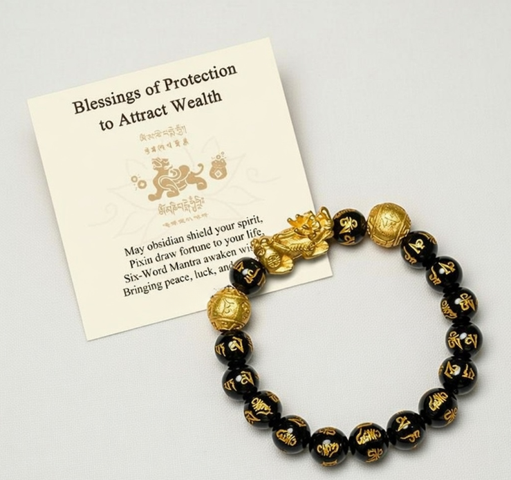 Feng Shui Pixiu Obsidian Bracelet - Wealth Protection Mantra Beads with Gift Card
