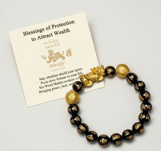 Feng Shui Pixiu Obsidian Bracelet - Wealth Protection Mantra Beads with Gift Card