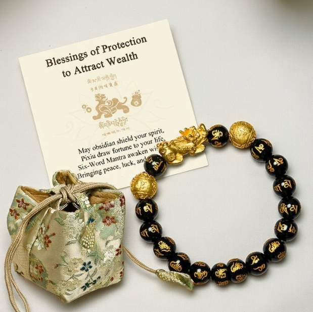 Feng Shui Pixiu Obsidian Bracelet - Wealth Protection Mantra Beads with Gift Card