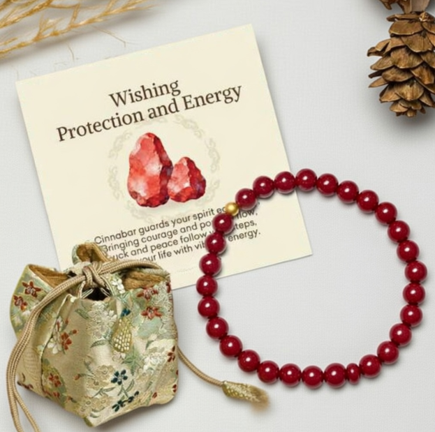 Cinnabar Sterling Silver Bracelet - Protection Energy Blessing Beads with Gift Card