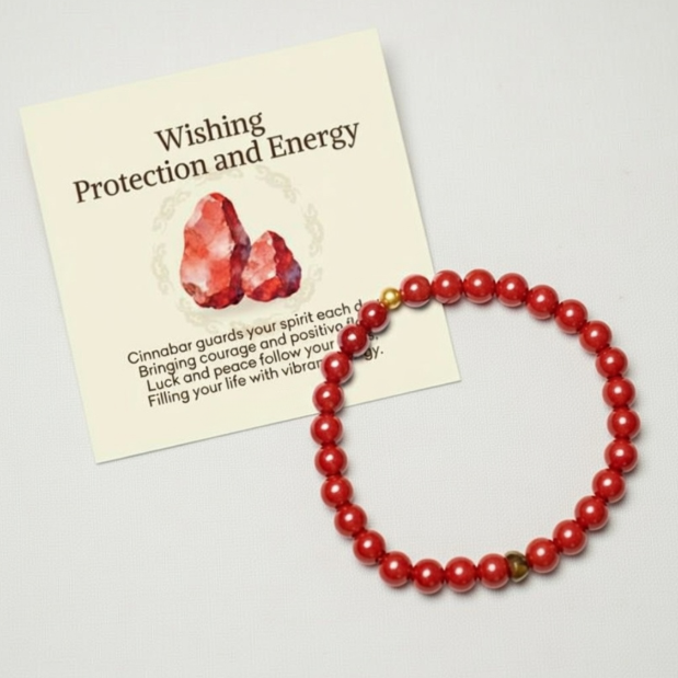 Cinnabar Sterling Silver Bracelet - Protection Energy Blessing Beads with Gift Card