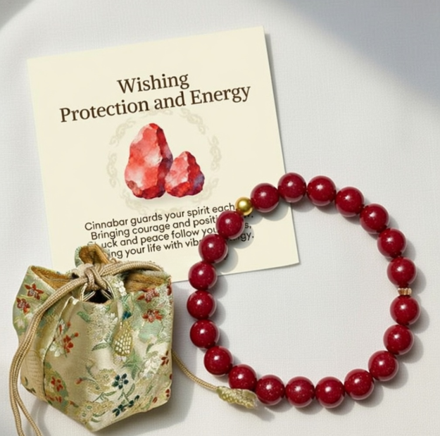 Cinnabar Sterling Silver Bracelet - Protection Energy Blessing Beads with Gift Card