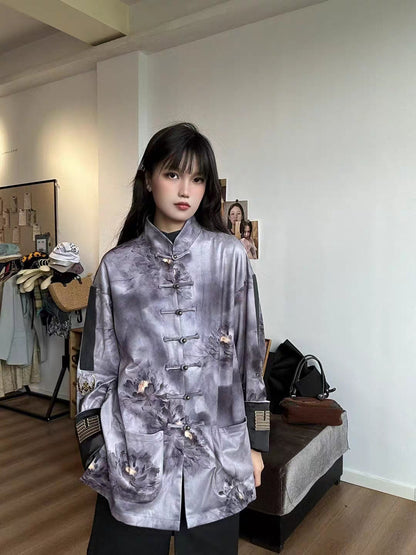 Lotus print traditional Tang suit jacket, new Chinese-style men's retro top