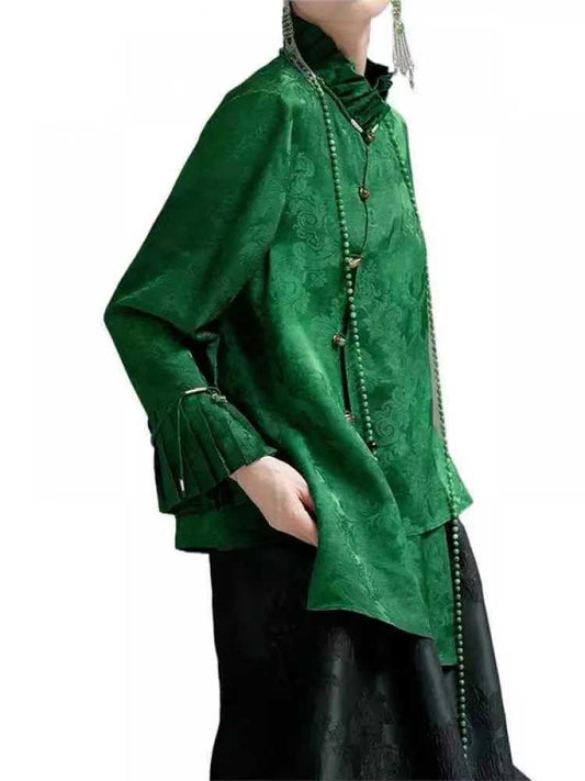 2026 Spring Collection Women's top Chinese-style green shirt