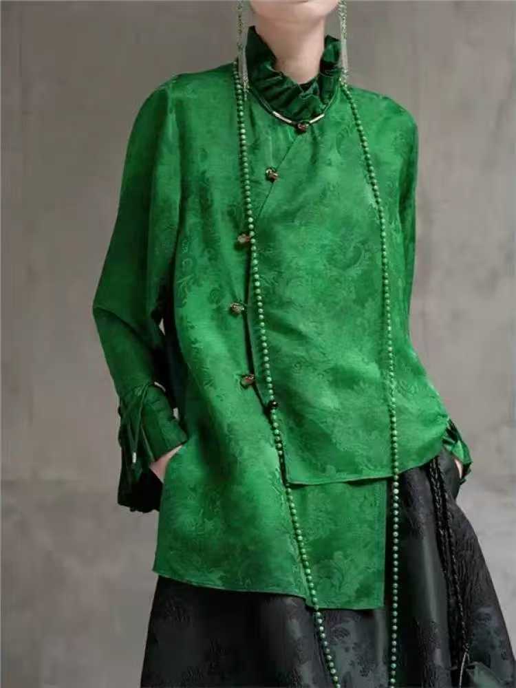 2026 Spring Collection Women's top Chinese-style green shirt