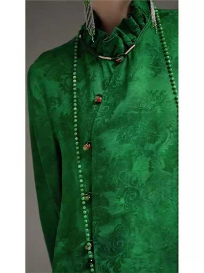 2026 Spring Collection Women's top Chinese-style green shirt