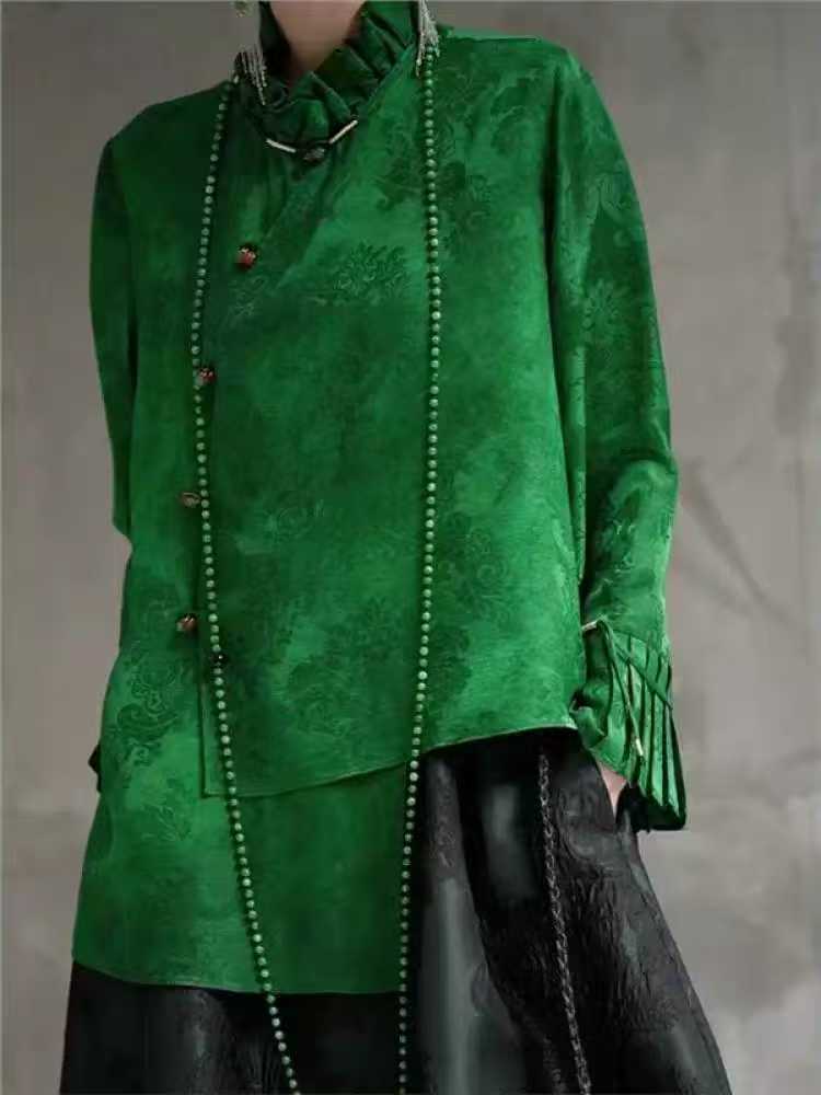 2026 Spring Collection Women's top Chinese-style green shirt