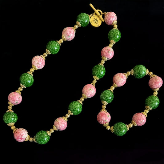 Vintage Frog Skin Glass Jewelry Set | Pink Green Choker & Bracelet