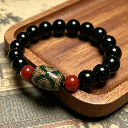 Nine-Eyed Dzi Bead Bracelet, Red Agate Protection Amulet for Men Women
