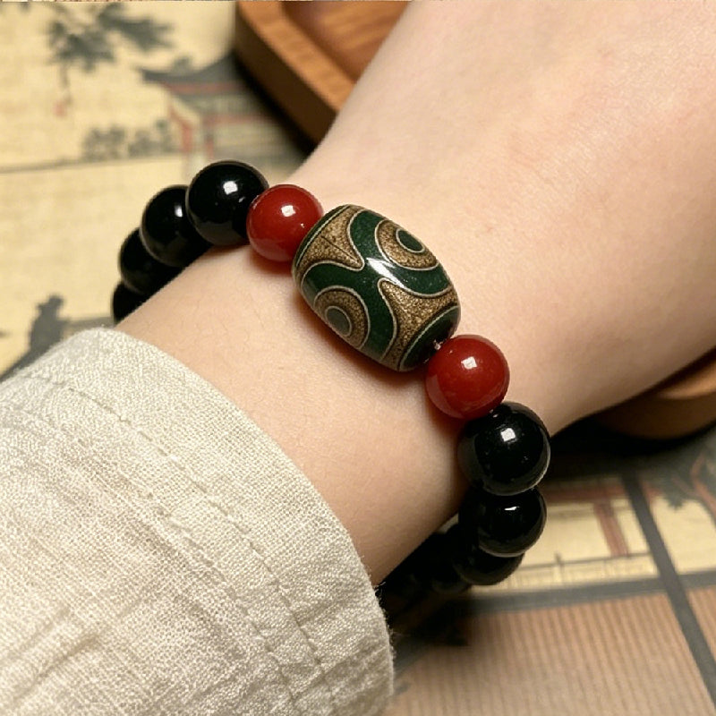 Nine-Eyed Dzi Bead Bracelet, Red Agate Protection Amulet for Men Women