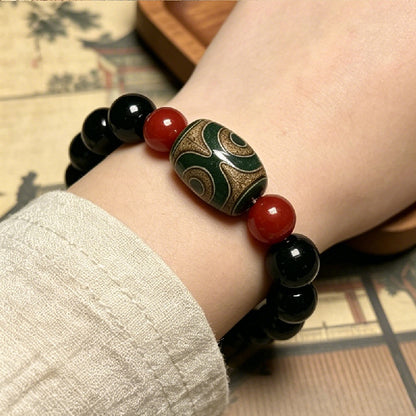 Nine-Eyed Dzi Bead Bracelet, Red Agate Protection Amulet for Men Women