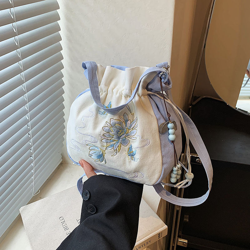 Chinese Style Embroidered Bucket Bag - Traditional Shoulder Bag for Women