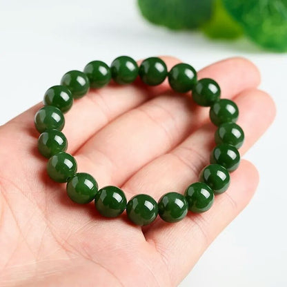 Natural Xinjiang Jasper Jade Bracelet - Spinach Green Beaded Bracelet
