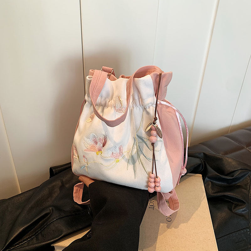 Chinese Style Embroidered Bucket Bag - Traditional Shoulder Bag for Women