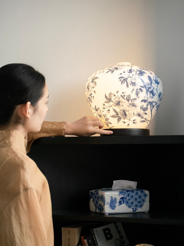 Blue And White Peony Porcelain Rechargeable Dimmable Table Lamp Chinoiserie Decor