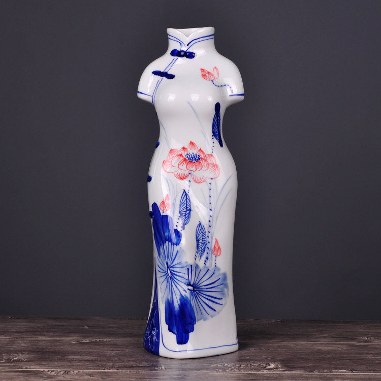 Hand-Painted Blue and White Porcelain Vase | Jingdezhen Qipao Lady Design