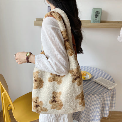 Large Capacity Student Shoulder Bag - Soft Lamb Wool Tote