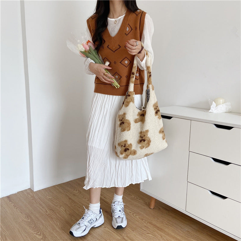 Large Capacity Student Shoulder Bag - Soft Lamb Wool Tote