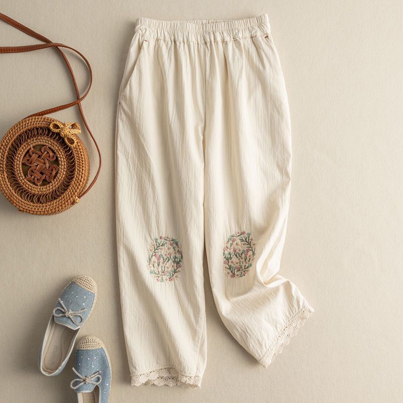 Cotton And Hemp Embroidery Casual Pants Female Literary Retro