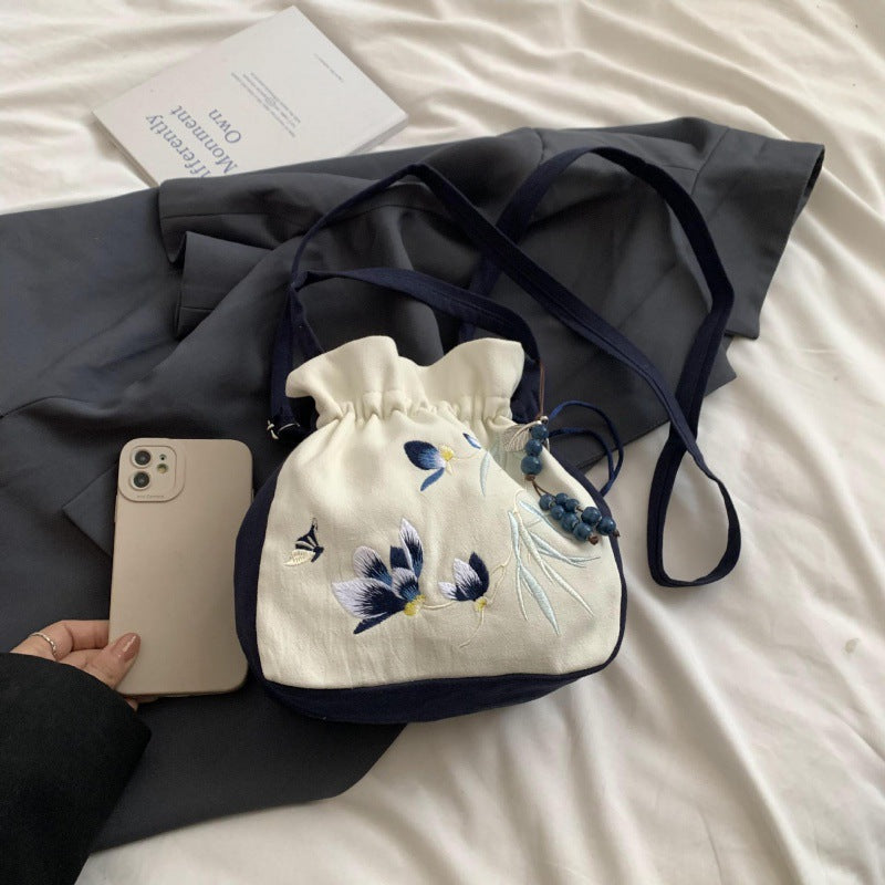 Chinese Style Embroidered Bucket Bag - Traditional Shoulder Bag for Women