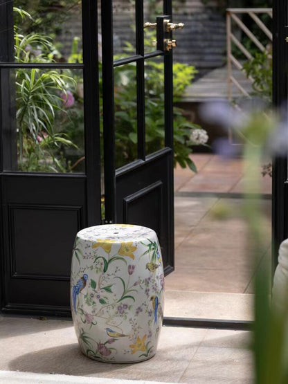 Floral Bird Crackle Glaze Ceramic Drum Stool | Oriental Chinoiserie Side Table