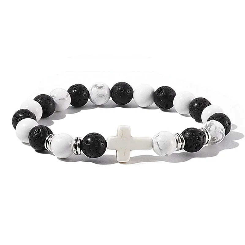 Men's Natural Stone Bead Bracelet - Tiger Eye, Obsidian & Wood Cross Charm